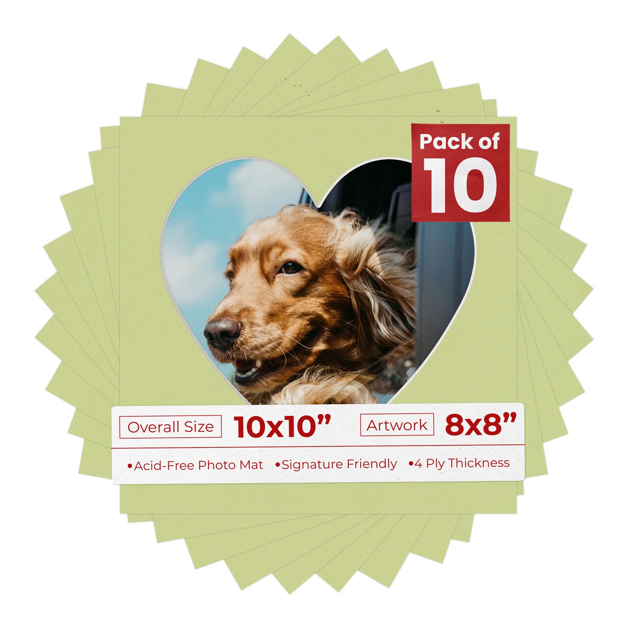 Pistachio Green Mat Board for 10x10 Frames - Heart Opening for 8x8 Photos